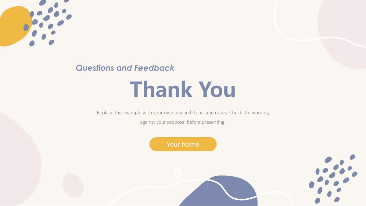 Thank You com Questions and Feedback, etiqueta amarela de nome e instruções.