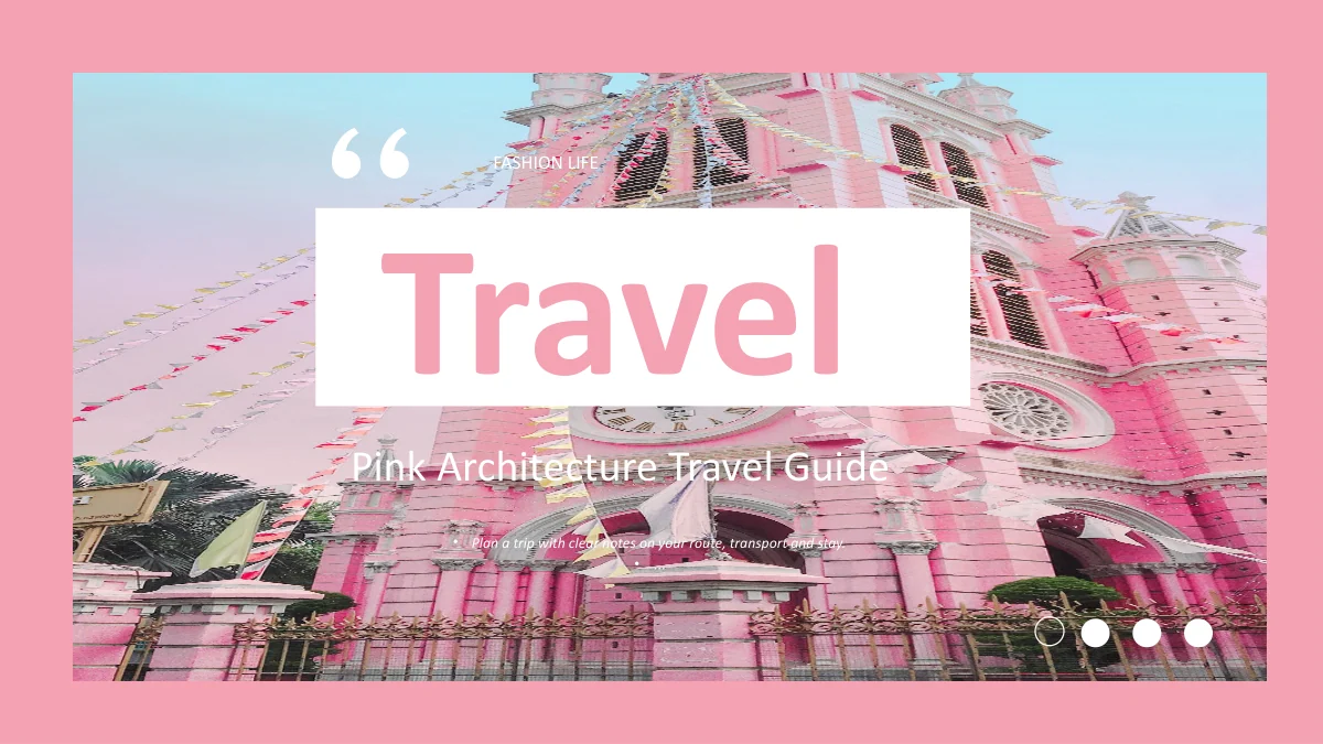 분홍 건축 사진 위 흰색 Travel 패널에 여행 가이드 부제와 작은 FASHION LIFE 장식을 더했습니다.