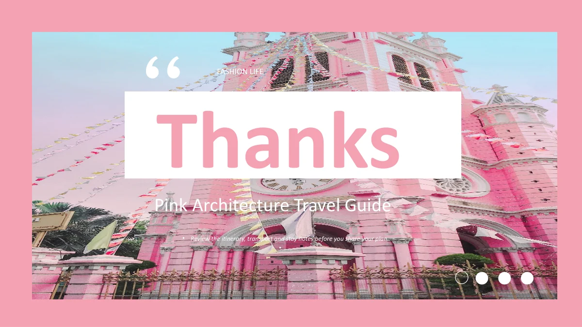 분홍 사진 구성 위 흰색 Thanks 패널과 여행 가이드 부제, 작은 FASHION LIFE 장식이 마무리합니다.