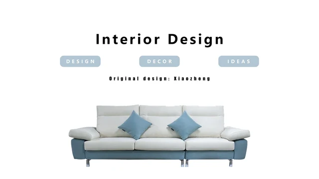 Modelo de apresentação Interiores em azul-pó — Interior Design aparece acima de três rótulos azul-acinzentados, Original design: Xiaozheng e um sofá branco com almofadas azuis.