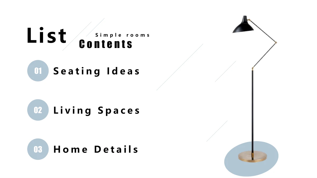 파우더 블루 인테리어 디자인 프레젠테이션 템플릿 — List와 Contents에 Seating Ideas, Living Spaces, Home Details를 표시하고 플로어 램프와 번호 원 세 개를 배치합니다.