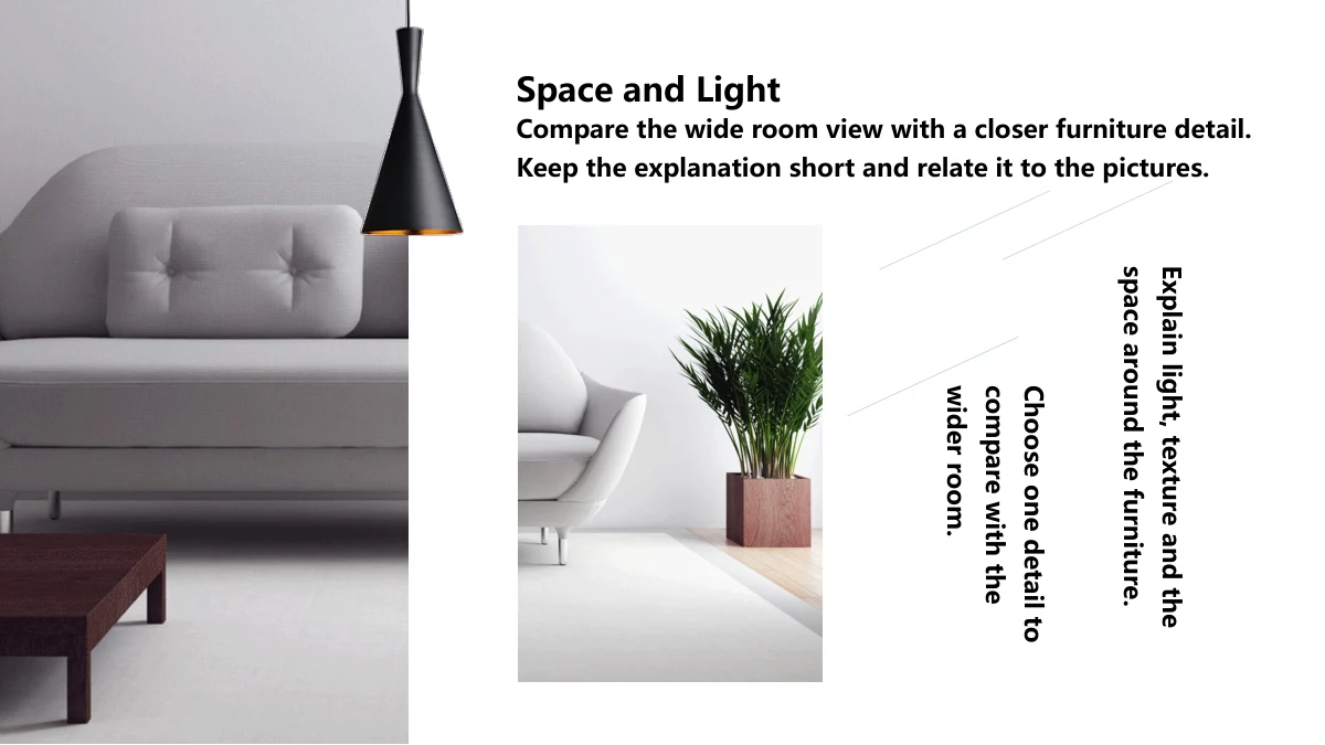 파우더 블루 인테리어 디자인 프레젠테이션 템플릿 — Space and Light 아래에 잘린 실내 모습, 작은 좌석 세부 이미지와 세로 안내가 있습니다.