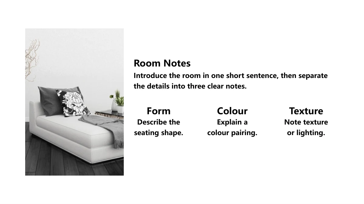파우더 블루 인테리어 디자인 프레젠테이션 템플릿 — 좁은 좌석 이미지 옆에 Room Notes와 Form, Colour, Texture 메모 세 개가 있습니다.