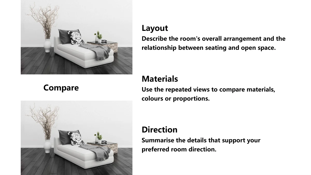 파우더 블루 인테리어 디자인 프레젠테이션 템플릿 — 같은 좌석 이미지 두 개와 Compare 라벨, Layout, Materials, Direction 메모가 있습니다.