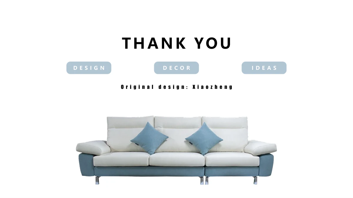 파우더 블루 인테리어 디자인 프레젠테이션 템플릿 — Thank You 아래에 DESIGN, DECOR, IDEAS, Original design: Xiaozheng과 표지의 흰 소파가 있습니다.