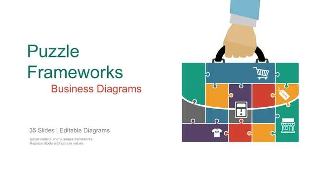 A briefcase made from colored puzzle pieces introduces the business diagram toolkit.