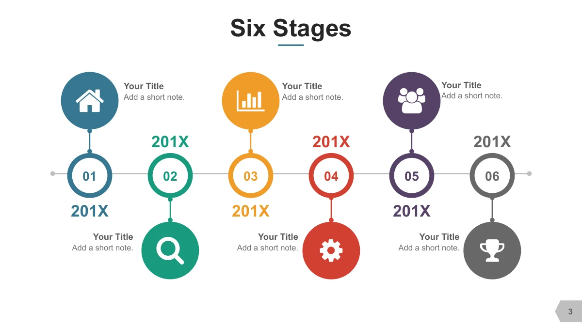 Six numbered circles form a timeline with alternating icon circles.