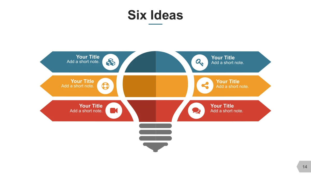 A lightbulb illustration sits among six ribbon-shaped callouts.