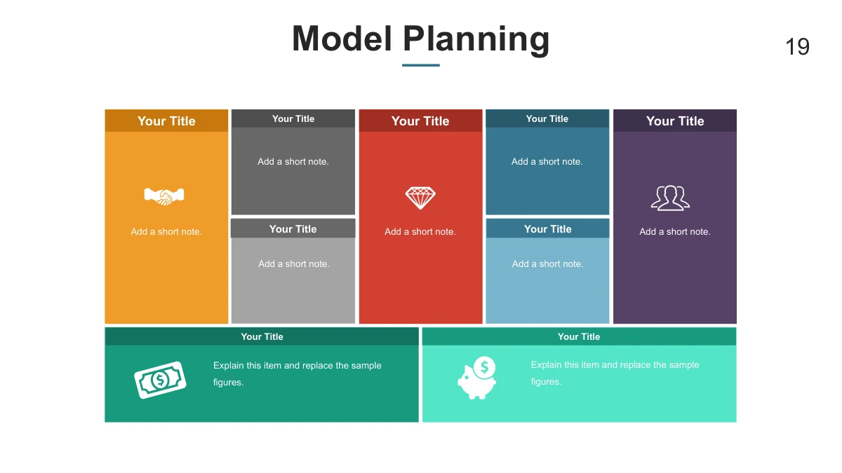 Nine framework areas contain placeholder notes for business topics.