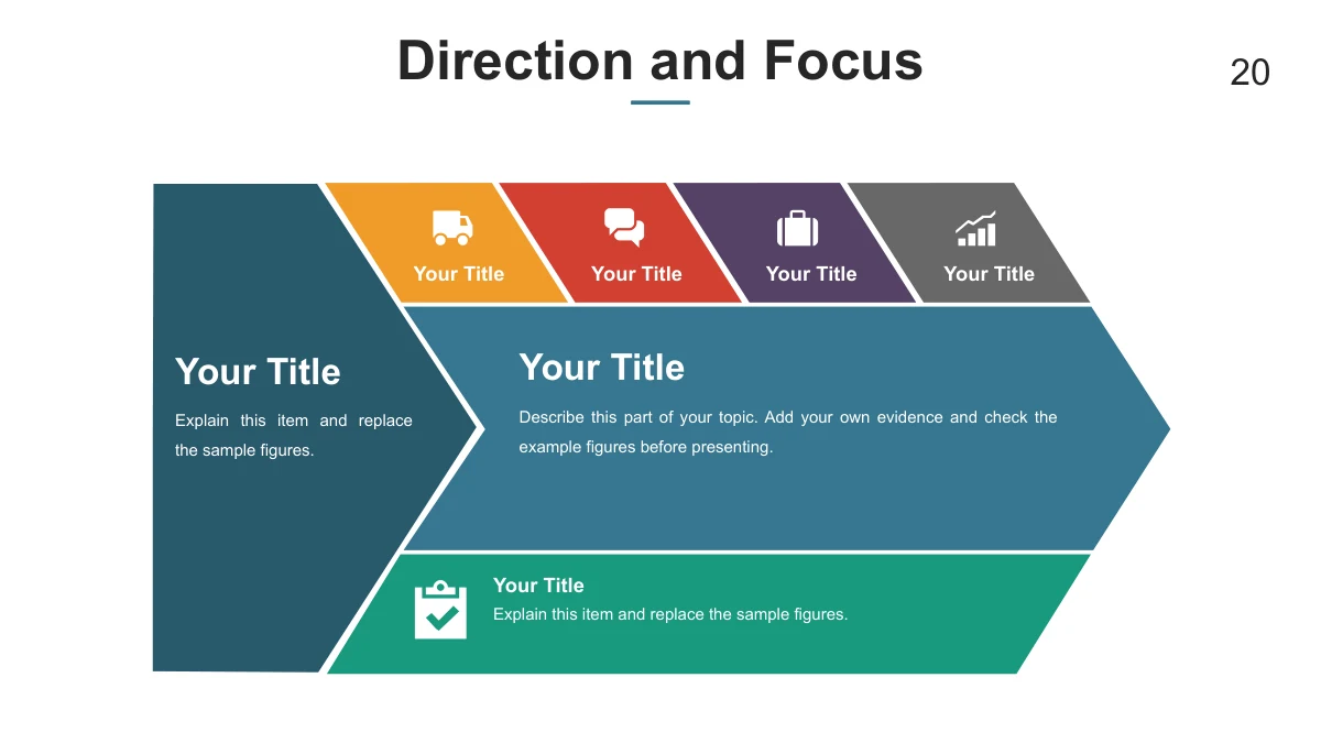 A large directional arrow sits below four icon tabs.