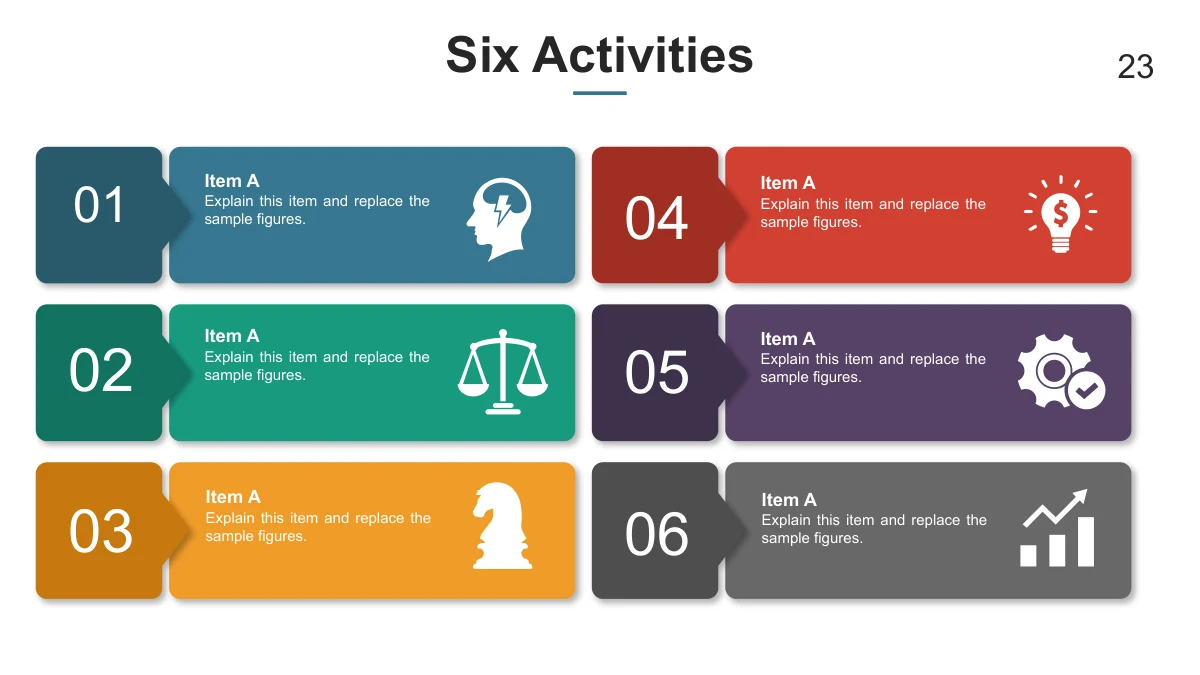 Six cards combine numbers, icons and text areas.