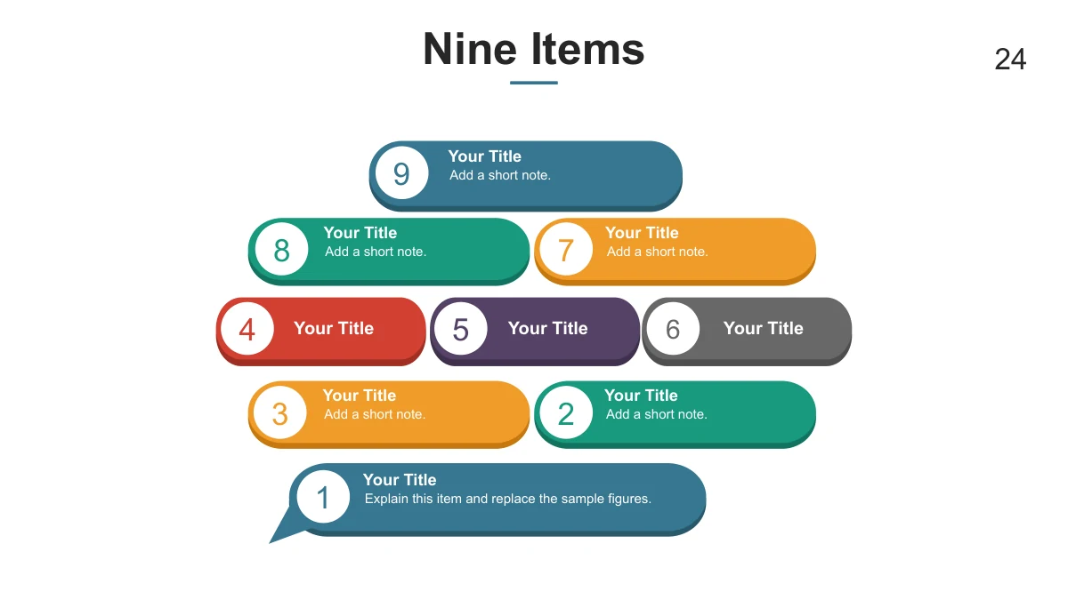 Nine rounded blocks provide numbered areas for brief content.