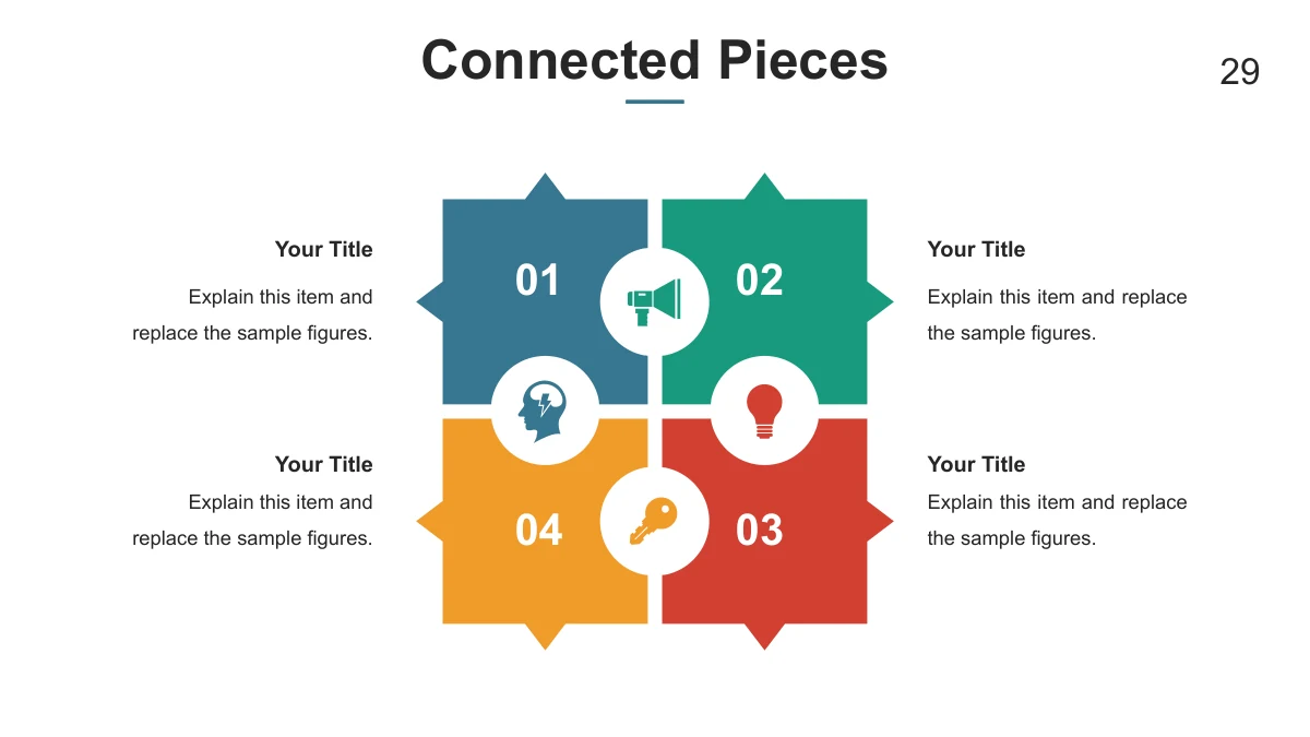 Four numbered puzzle pieces sit among supporting text areas.