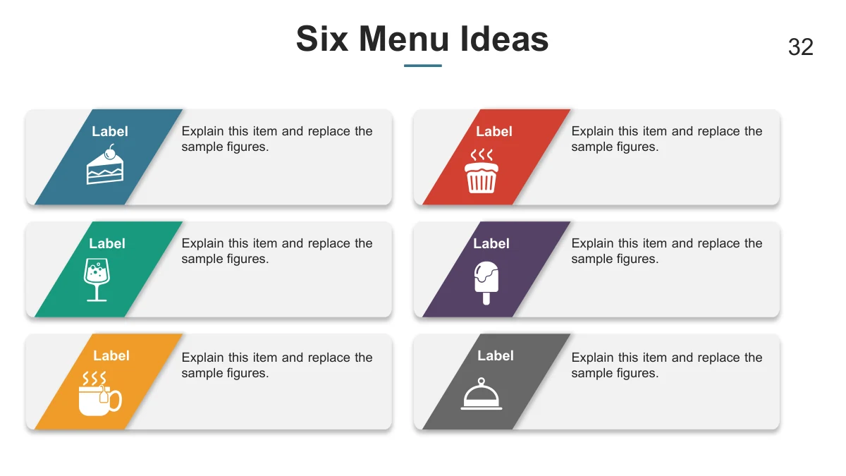 Six text cards use food-related icons as visual markers.