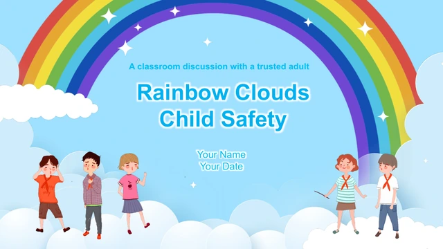 Pelangi besar melengkung di atas tajuk keselamatan kanak-kanak, ruang nama dan tarikh, watak kanak-kanak serta awan putih pada latar biru langit.