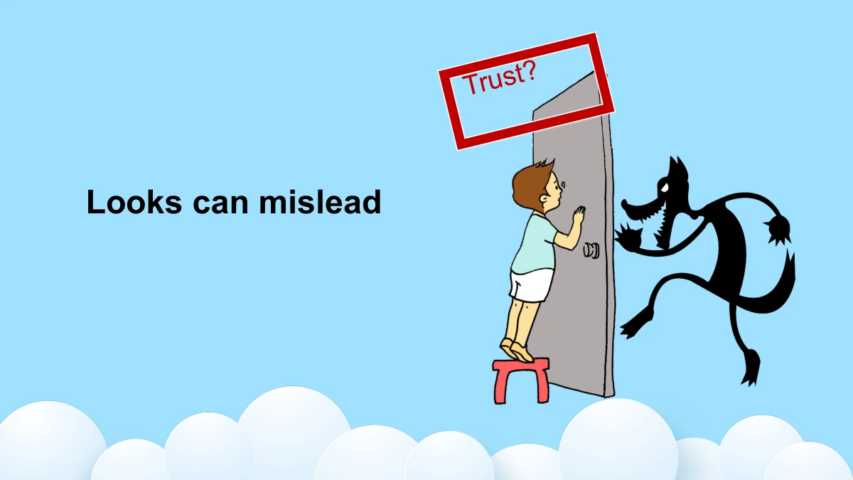 بجوار عنوان عن المظهر طفل عند باب وظل ذئب وإطار أحمر مائل يحمل كلمة Trust? داخلَه.
