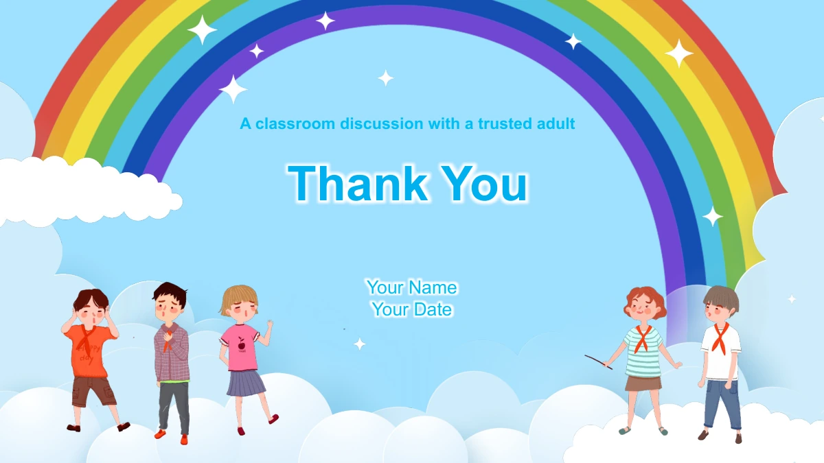 تكرر عبارة Thank You وخانتا الاسم والتاريخ والأطفال الكرتونيون والسحب البيضاء تصميم غلاف قوس قزح.