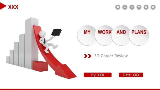 Red 3D Career Review Presentation Template: A white 3D figure sits on a curved red arrow beside ascending grey blocks. Four raised pale discs hold the main heading, with presenter and date labels below.
