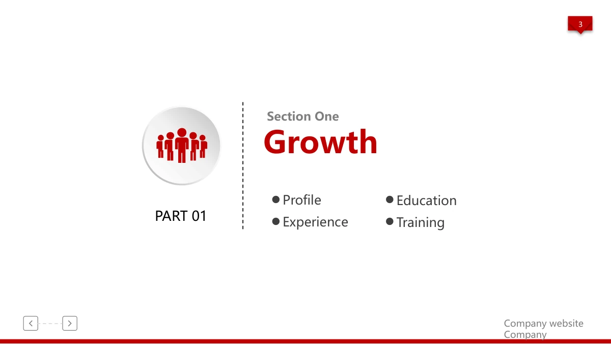 Red 3D Career Review Presentation Template: A red group icon sits inside a pale disc beside the first chapter heading. Four short topic labels introduce the personal-development section.