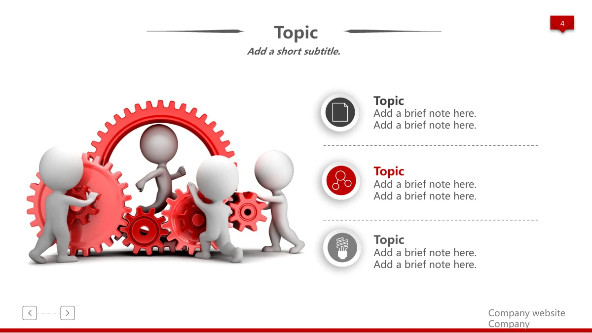 Red 3D Career Review Presentation Template: White figures work around red gears on the left. Three circular icons and note areas form a vertical list on the right, separated by dotted rules.
