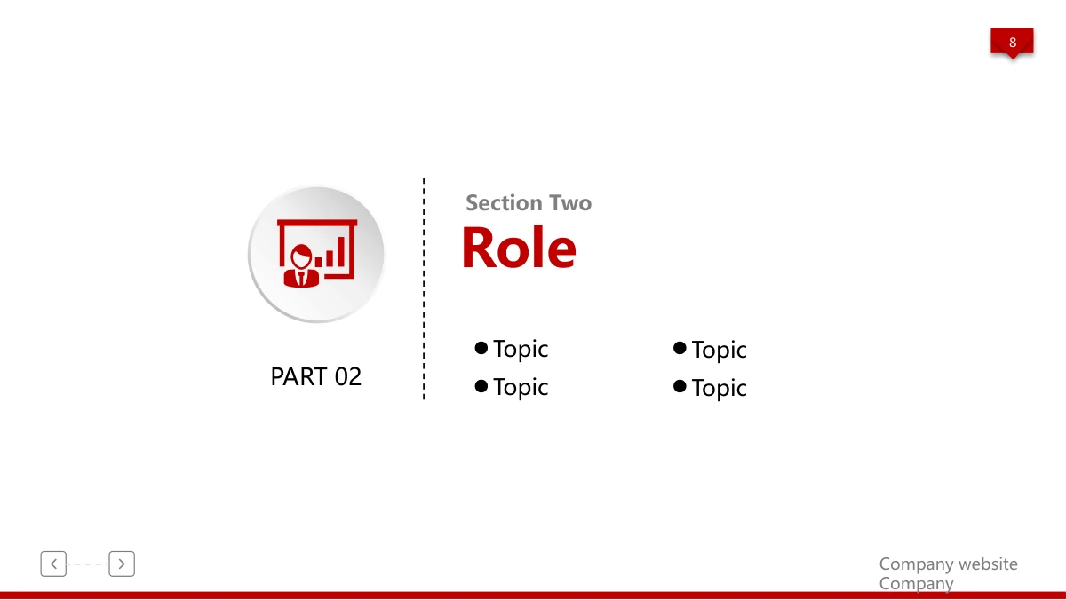 Red 3D Career Review Presentation Template: A red presentation icon appears in a pale disc beside the second chapter heading. Four short topic labels sit beneath the heading.