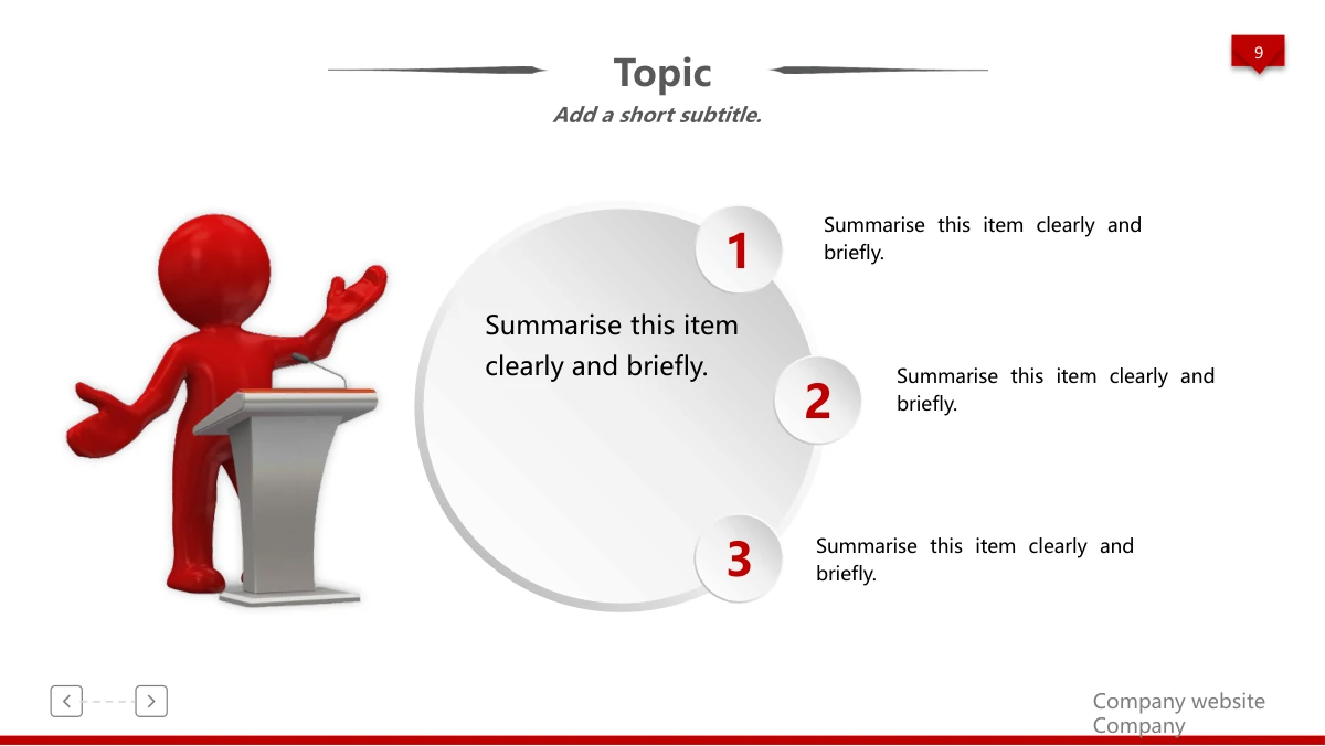 Red 3D Career Review Presentation Template: A red 3D speaker stands at a lectern on the left. A large pale circle connects to three smaller numbered circles and explanatory notes on the right.