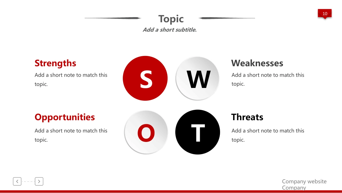Red 3D Career Review Presentation Template: Four raised circles display S, W, O and T in red, grey and black. Separate text areas on either side explain the four parts of the analysis.