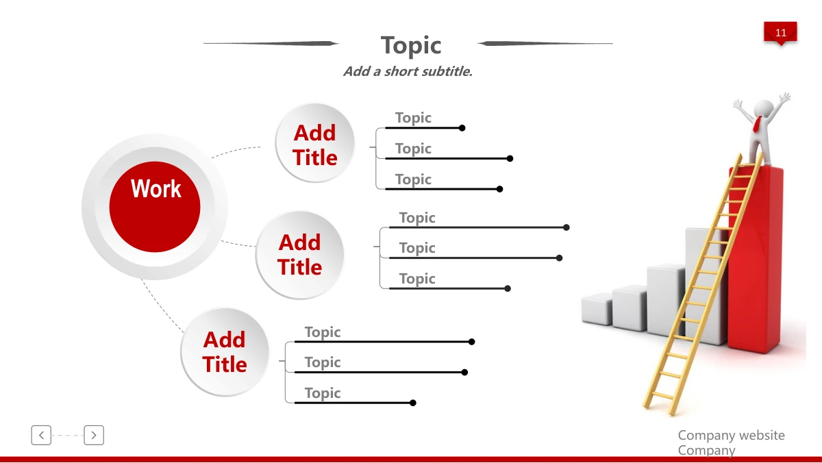 Red 3D Career Review Presentation Template: A central performance circle branches to three smaller circles and three groups of short notes. A figure on a ladder reaches the top of a tall red block on the right.