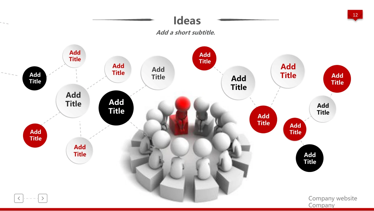 Red 3D Career Review Presentation Template: Linked red, black and pale circles spread across the slide around a central team illustration. Each node provides a short heading area for a related idea.