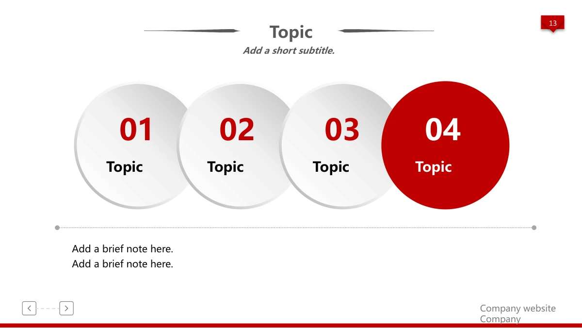 Red 3D Career Review Presentation Template: Four large overlapping discs show 01 to 04, ending with a red disc. A dotted horizontal rule separates these headings from the explanatory paragraph below.