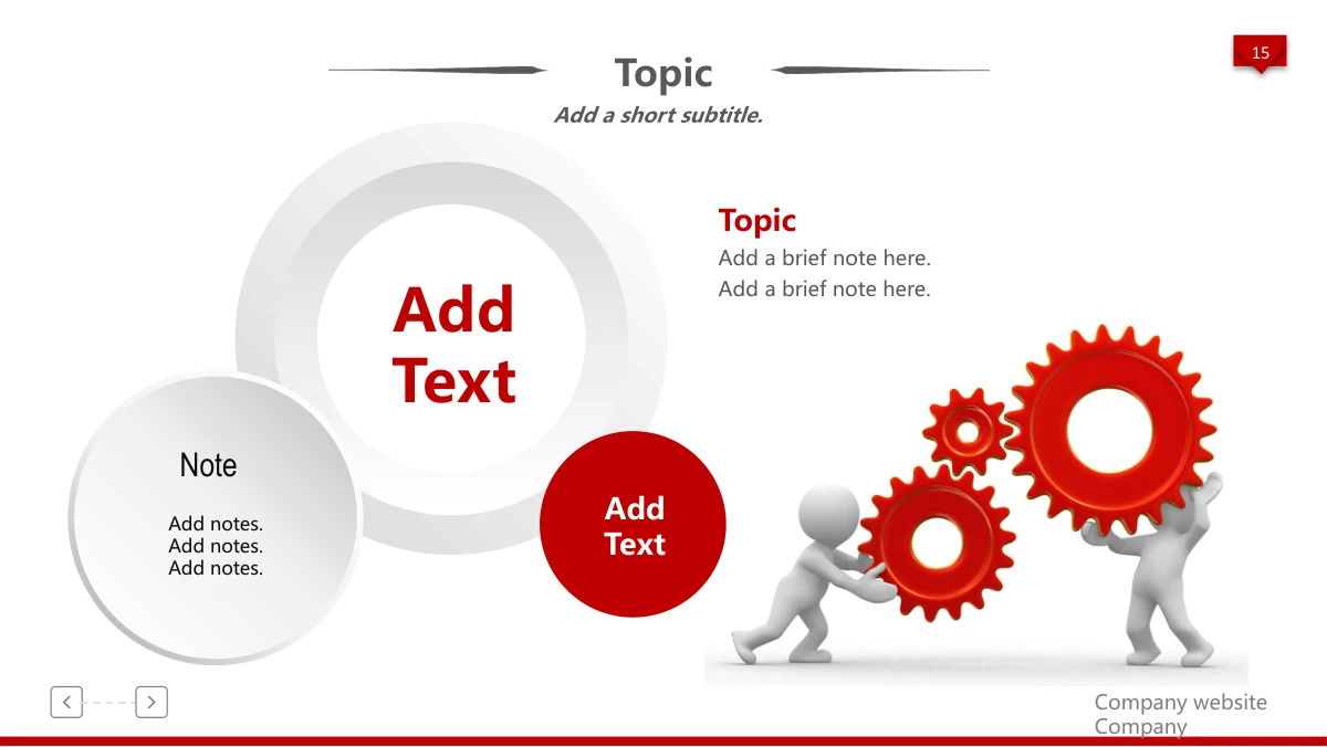 Red 3D Career Review Presentation Template: A broad pale ring, a smaller pale disc and a red disc provide three text areas. Two white figures handle red gears beside an additional heading and paragraph.