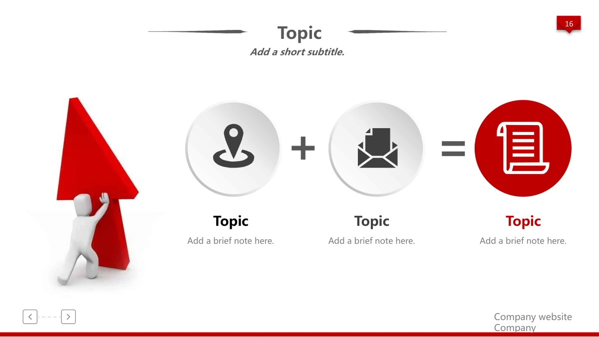 Red 3D Career Review Presentation Template: A location pin, an envelope and a document icon sit in three discs linked by plus and equals signs. Three note columns sit below, beside a figure lifting a red arrow.