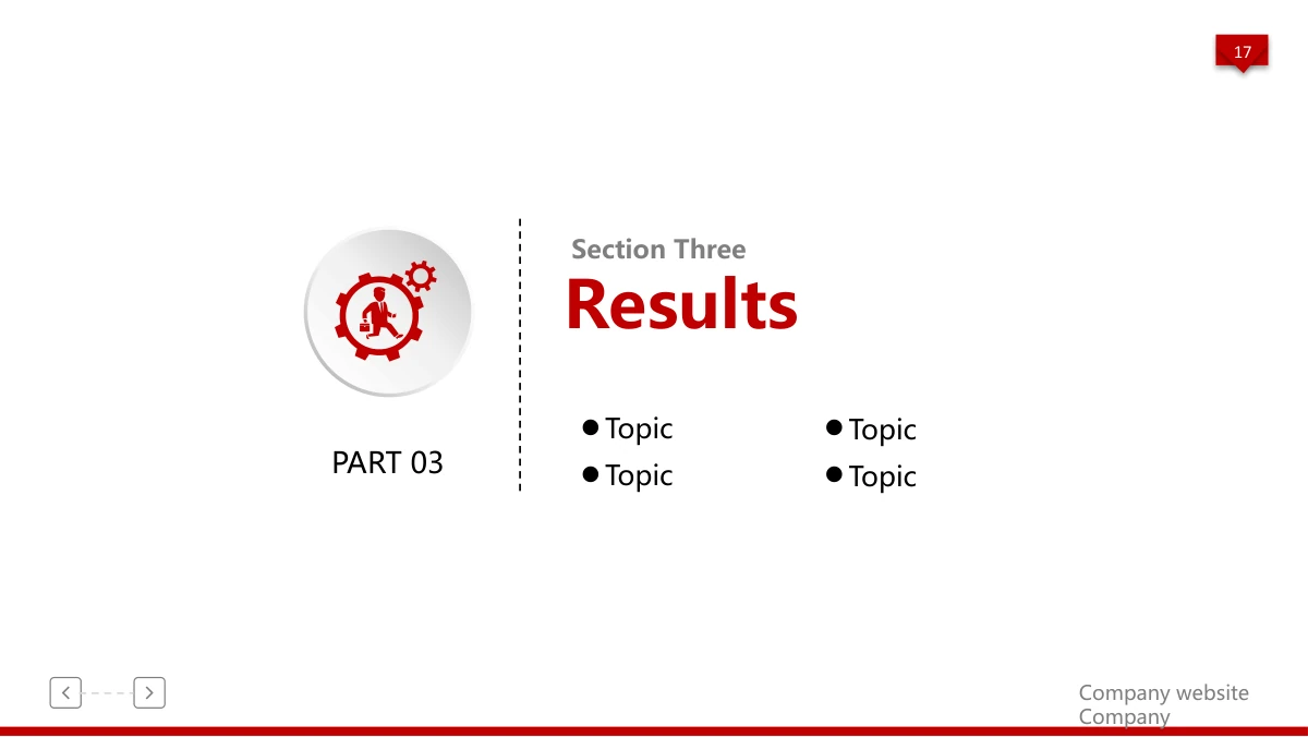 Red 3D Career Review Presentation Template: A red gear-and-person icon appears inside a pale disc beside the third chapter heading. Four topic labels introduce the achievements section.