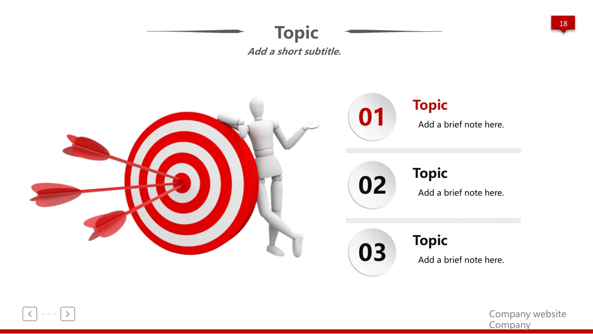 Red 3D Career Review Presentation Template: A white figure stands beside a red-and-white target struck by arrows. Three numbered discs and short notes form a vertical list on the right.