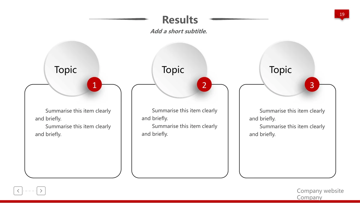 Red 3D Career Review Presentation Template: Three outlined cards sit side by side beneath pale circular headings. Small red discs numbered 1 to 3 overlap the tops of the cards, each holding explanatory text.