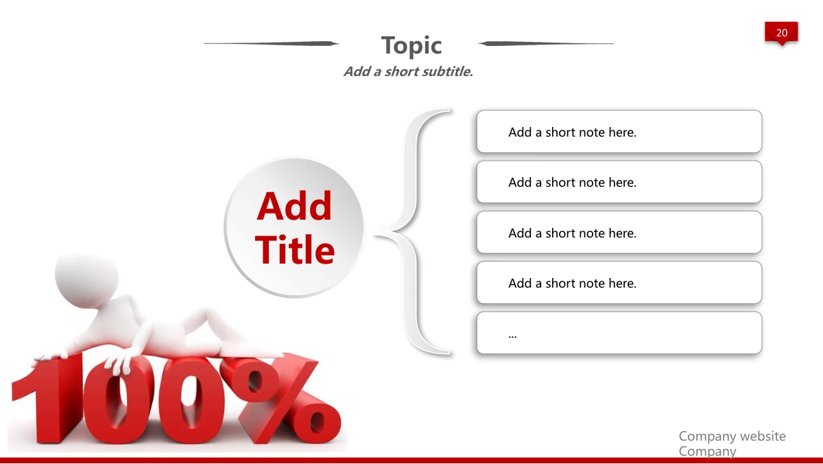 Red 3D Career Review Presentation Template: A pale heading disc and large brace lead to five raised rectangular note boxes. A white figure rests on a red 100% illustration at the lower left.