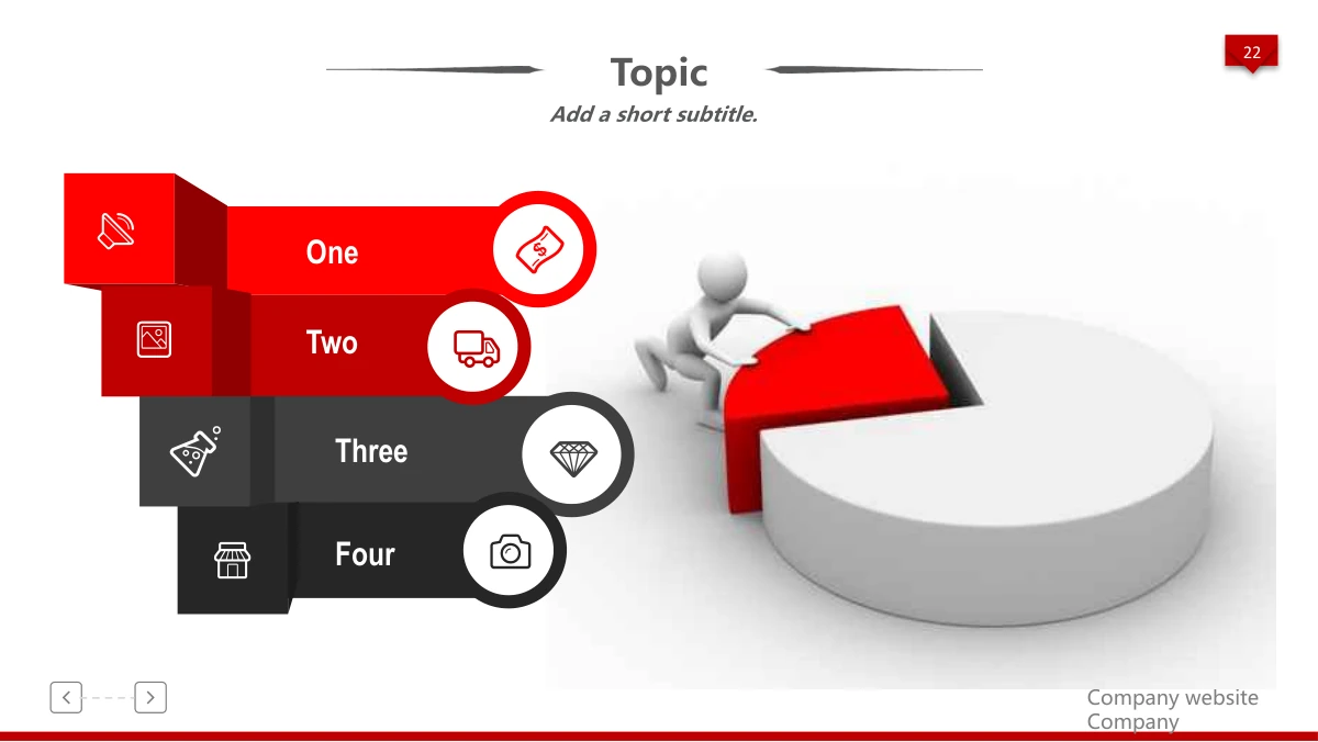 Red 3D Career Review Presentation Template: Four red-to-black horizontal bands combine icons and short headings on the left. A seated white figure and a red slice in a pale 3D pie illustration fill the right.