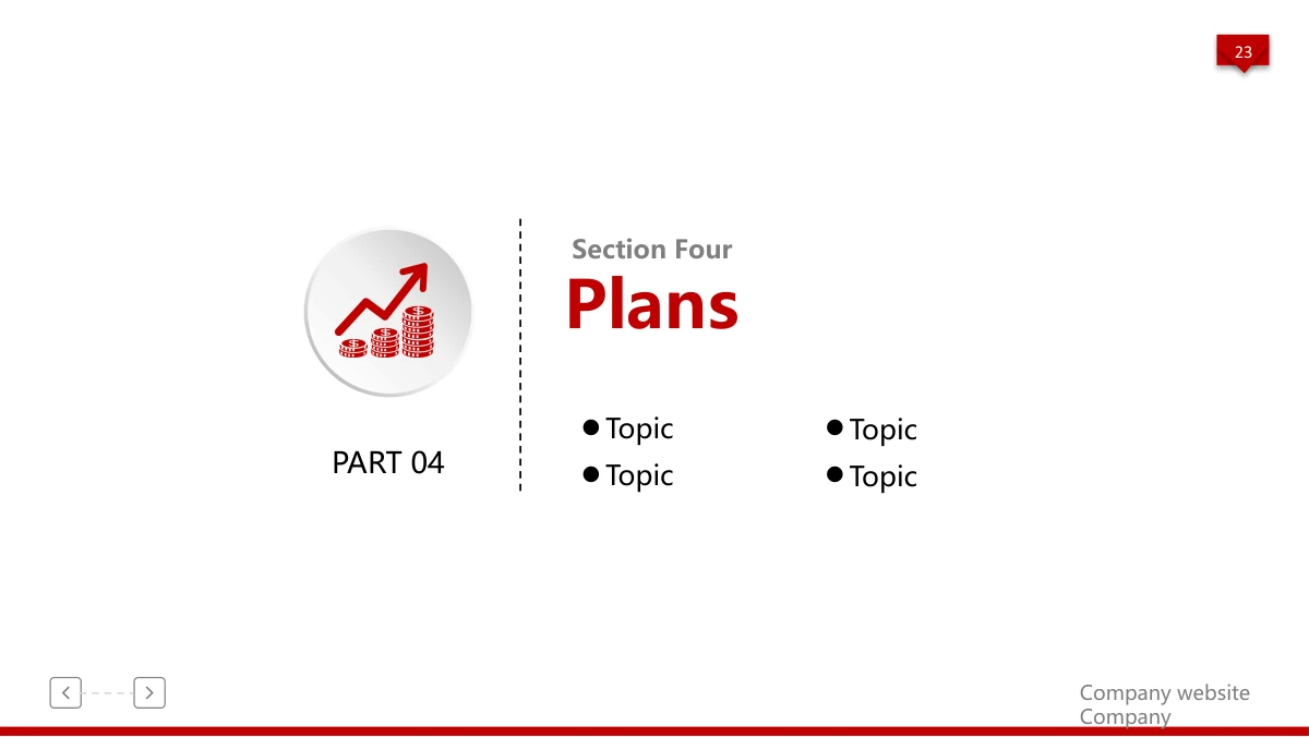 Red 3D Career Review Presentation Template: A red rising-line and coin icon sits in a pale disc beside the fourth chapter heading. Four short labels introduce the future-planning section.