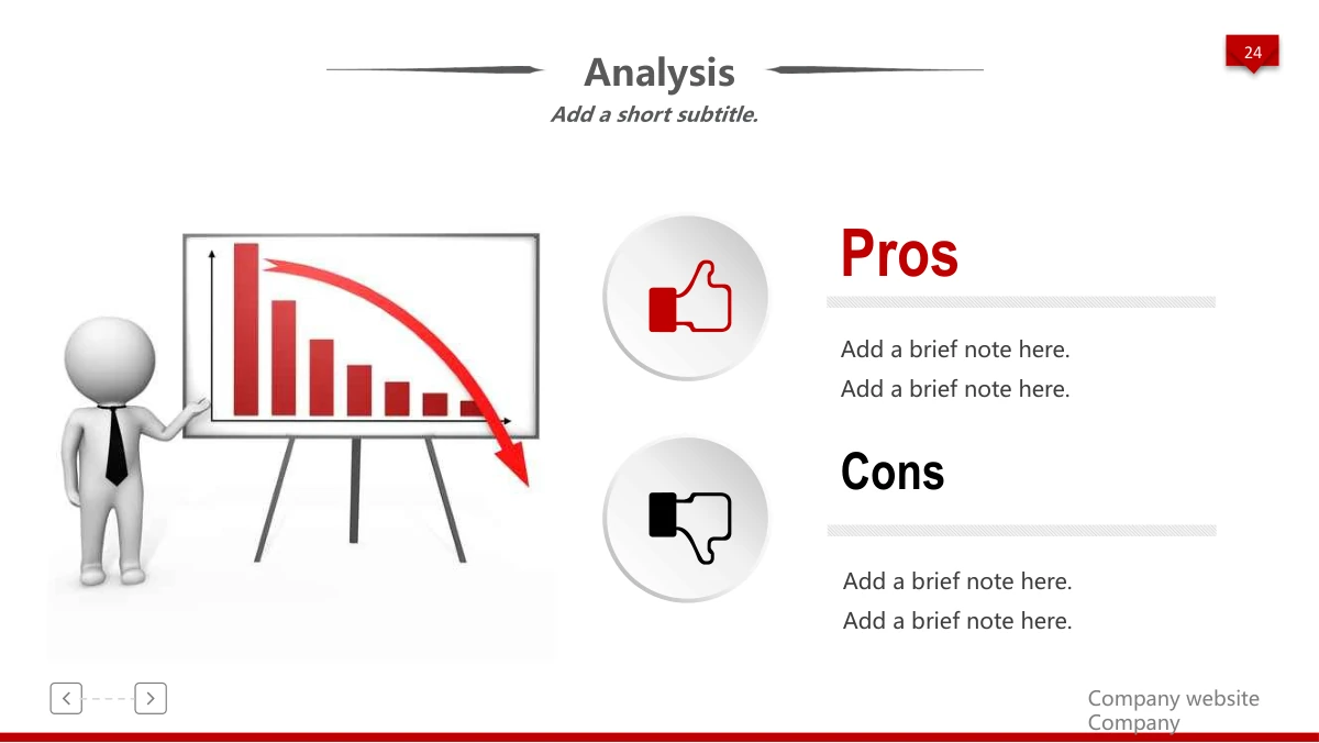 Red 3D Career Review Presentation Template: A white figure points to an illustrated declining column display and curved red arrow. Thumbs-up and thumbs-down discs introduce two text sections on the right.