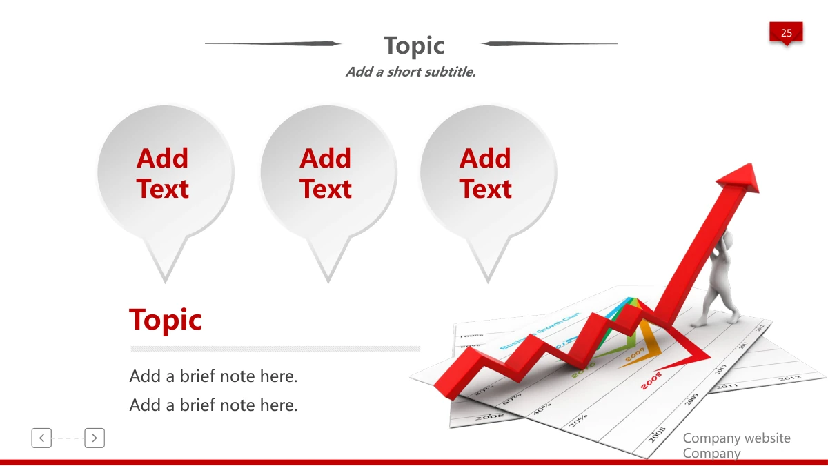 Red 3D Career Review Presentation Template: Three pale pin-shaped callouts hold short notes across the upper left. A heading and paragraph sit below, beside a raster scene of a figure pushing a rising red arrow.