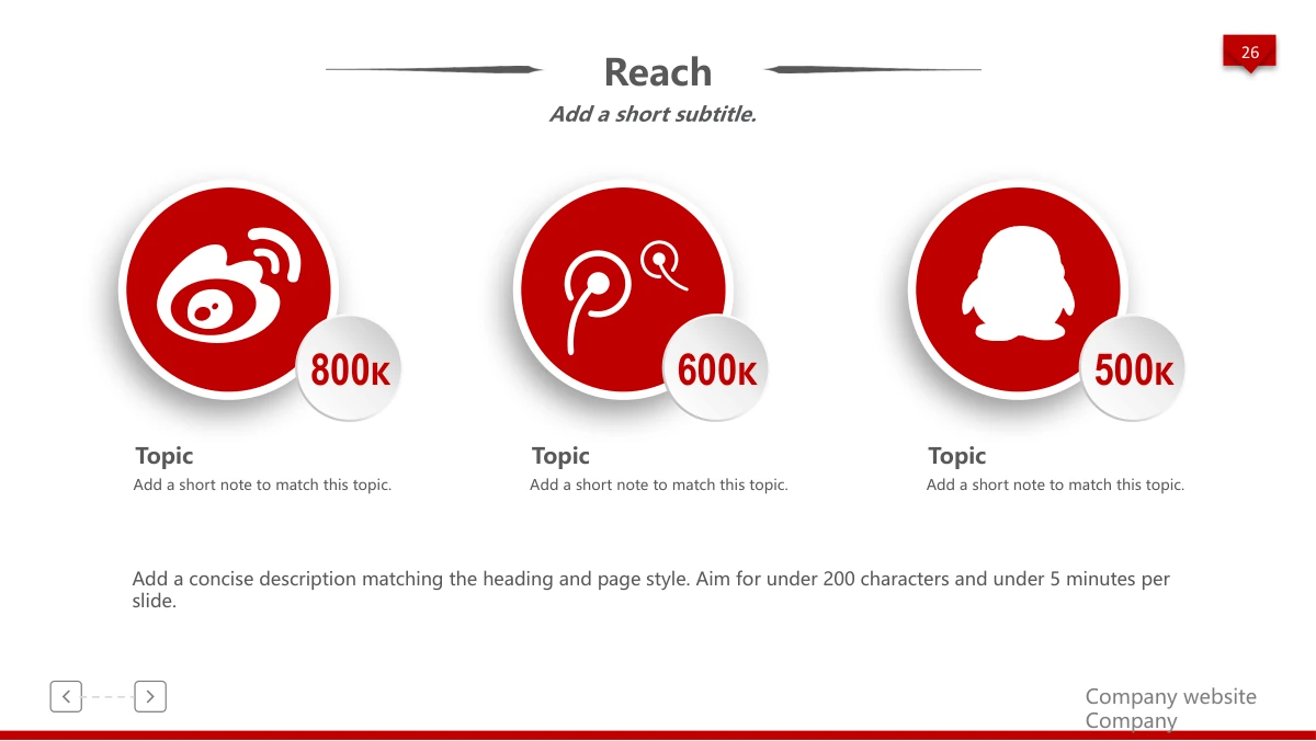 Red 3D Career Review Presentation Template: Three red social-service discs sit above note areas, with separate sample count labels. A longer explanatory paragraph spans the bottom; the counts are quantities, not currency.