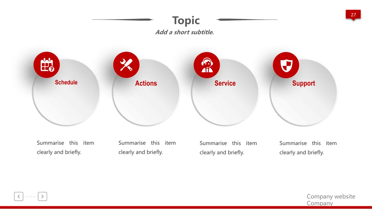 Red 3D Career Review Presentation Template: Red icon badges overlap four pale heading discs. The columns cover scheduling, actions, customer service and support, each with a short paragraph beneath.