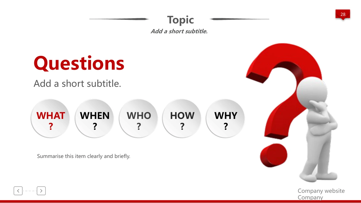 Red 3D Career Review Presentation Template: Five pale discs display WHAT, WHEN, WHO, HOW and WHY beneath a discussion heading. A white figure leans against a large red question mark on the right.