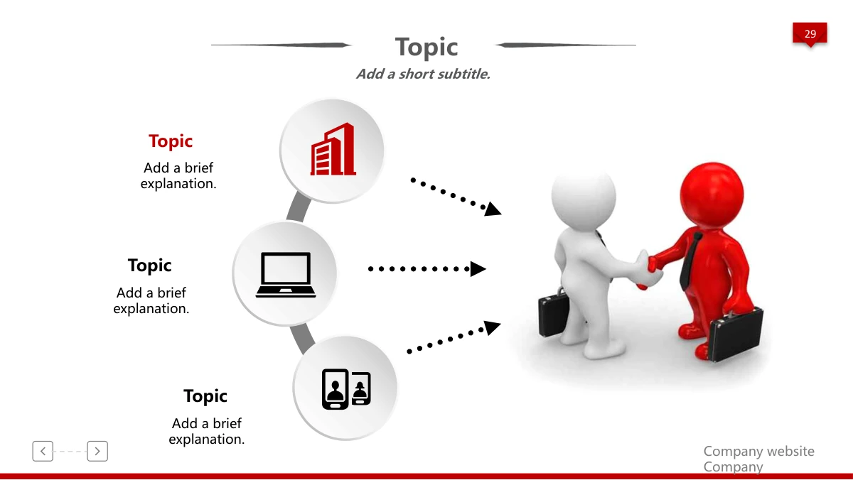 Red 3D Career Review Presentation Template: Three pale icon discs follow a curved grey strip on the left. Dotted arrows point towards two 3D figures shaking hands, with short notes beside the discs.