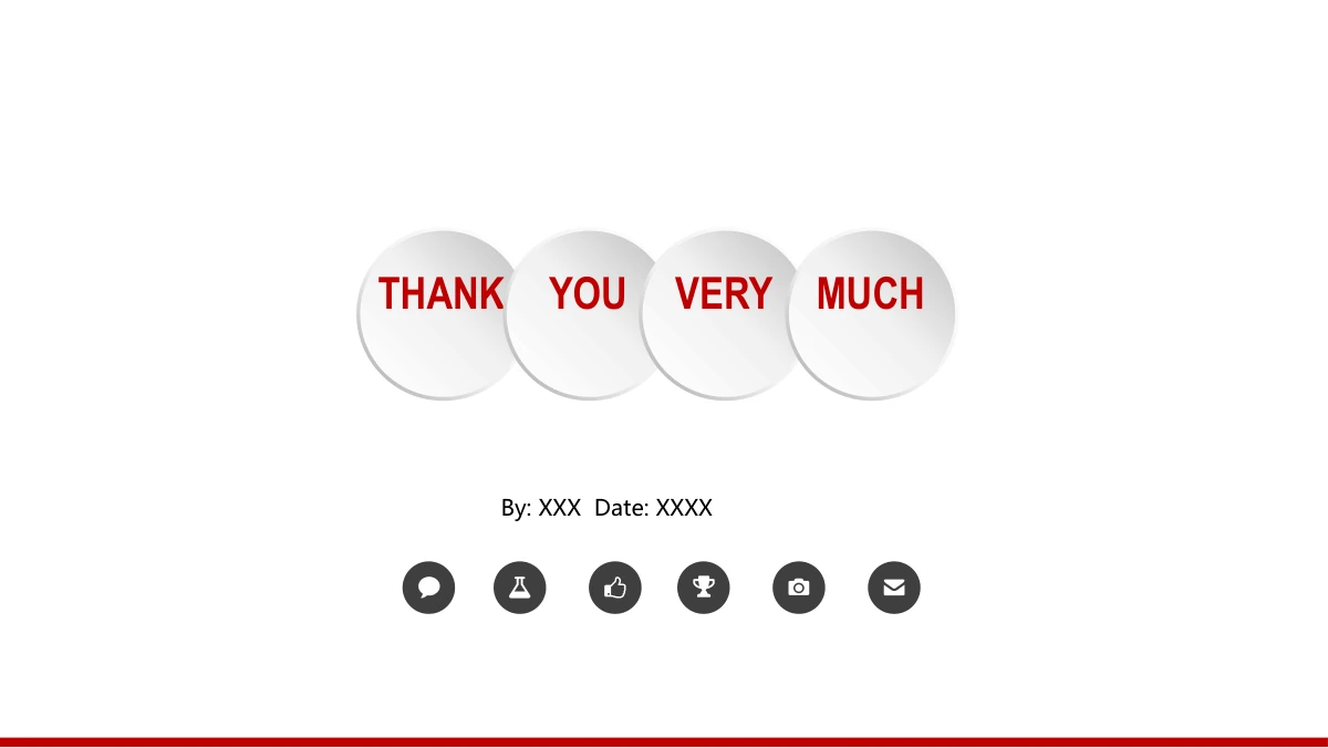 Red 3D Career Review Presentation Template: Four raised pale discs carry the closing heading. Presenter and date labels sit above a row of six dark circular icons, echoing the cover treatment.