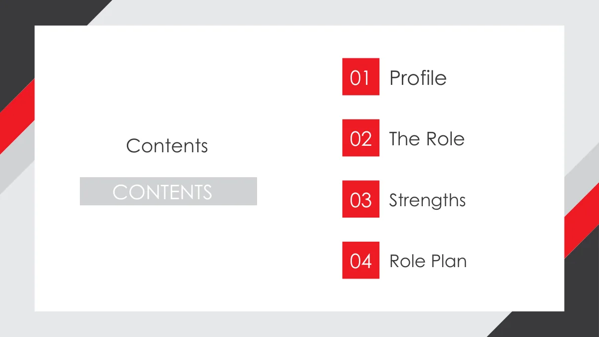 Red Corner Job Application Presentation Template: Slide 2. Four numbered entries introduce profile, role, strengths and planning beside a Contents heading.