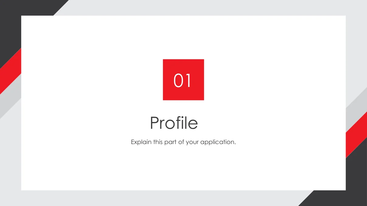 Red Corner Job Application Presentation Template: Slide 3. Section 01 introduces the personal profile with a large red number square.