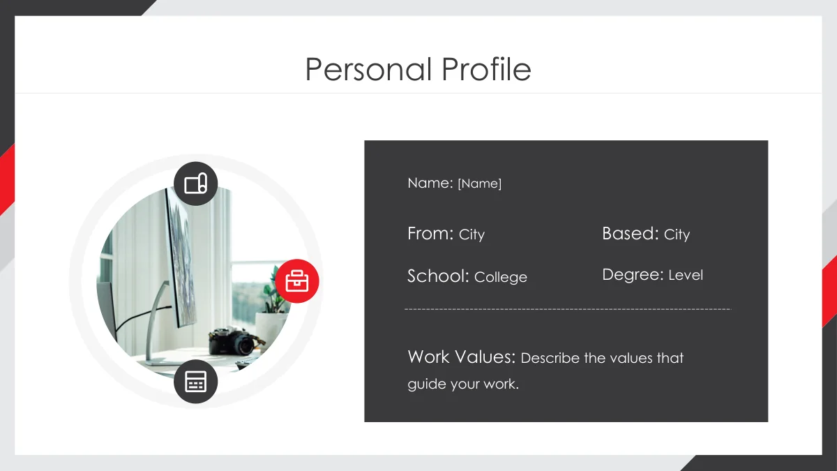 Red Corner Job Application Presentation Template: Slide 4. A circular office photograph and three icons sit beside a dark panel for personal details and work values.