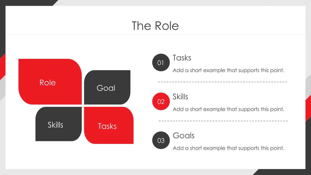 Red Corner Job Application Presentation Template: Slide 7. Four rounded red and dark keyword blocks accompany three numbered notes on tasks, skills and goals.