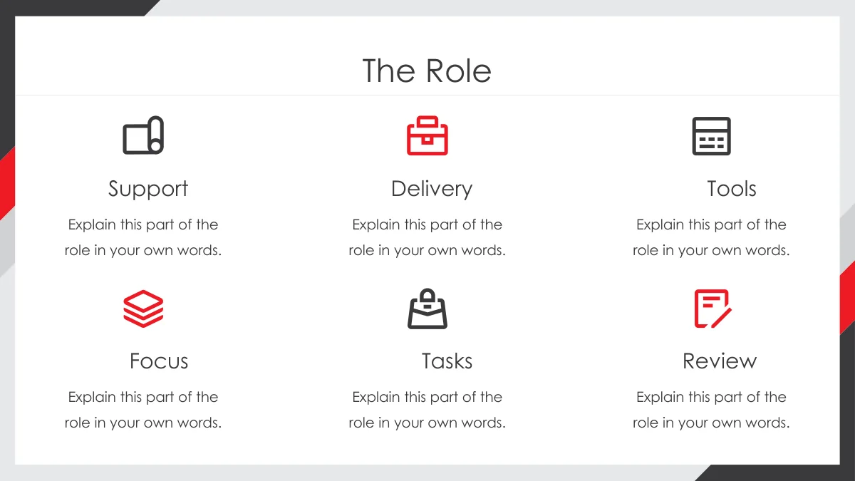 Red Corner Job Application Presentation Template: Slide 8. Six icons form two rows for support, delivery, tools, focus, tasks and review.